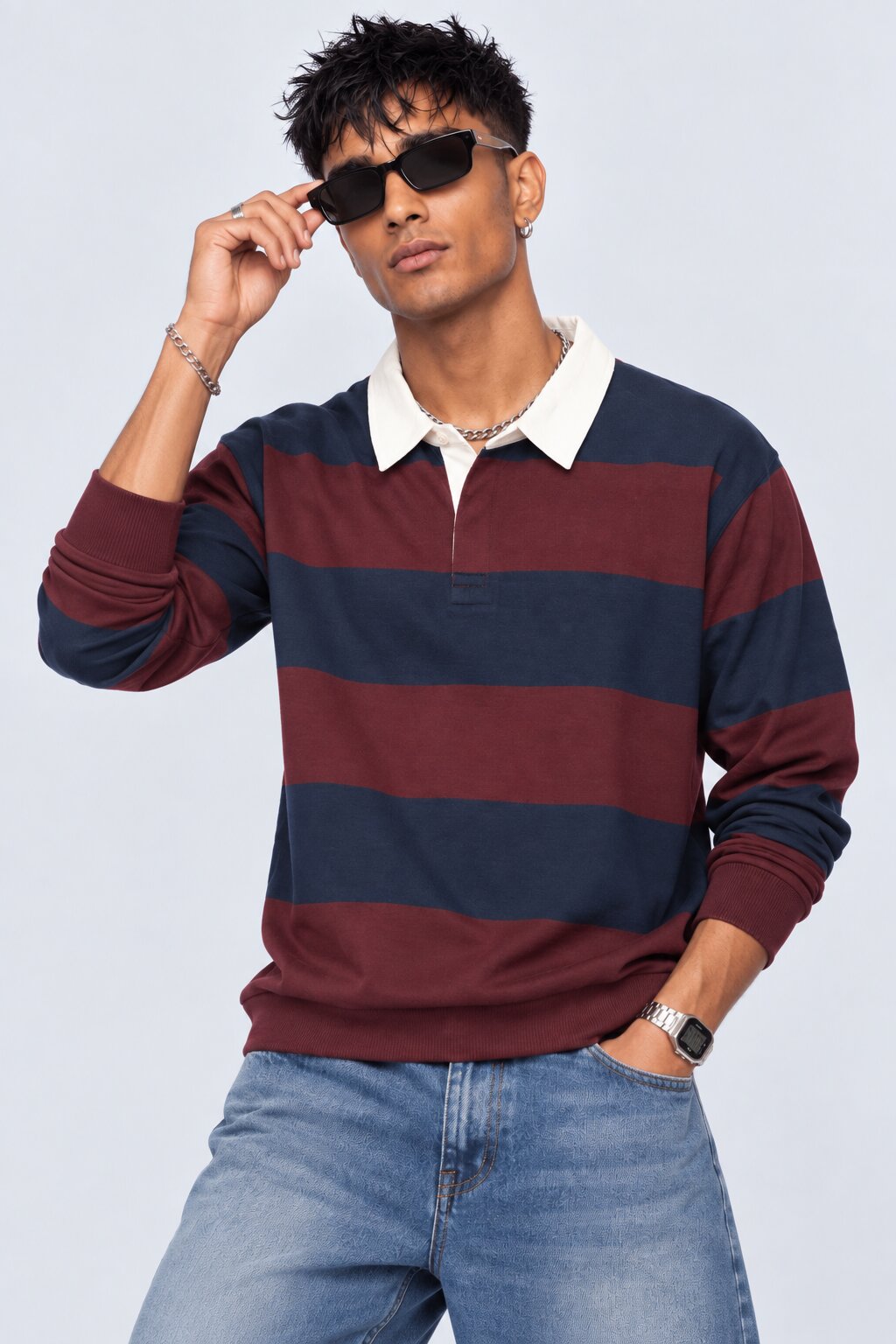 Mens Relaxed Fit Maroon Striped Sweatshirt - Image 1