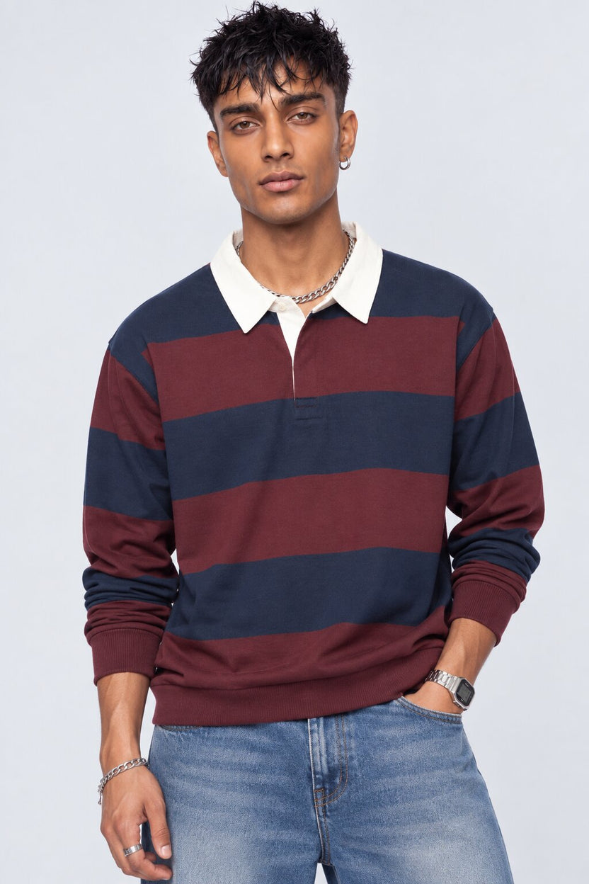 Mens Relaxed Fit Maroon Striped Sweatshirt - Image 2