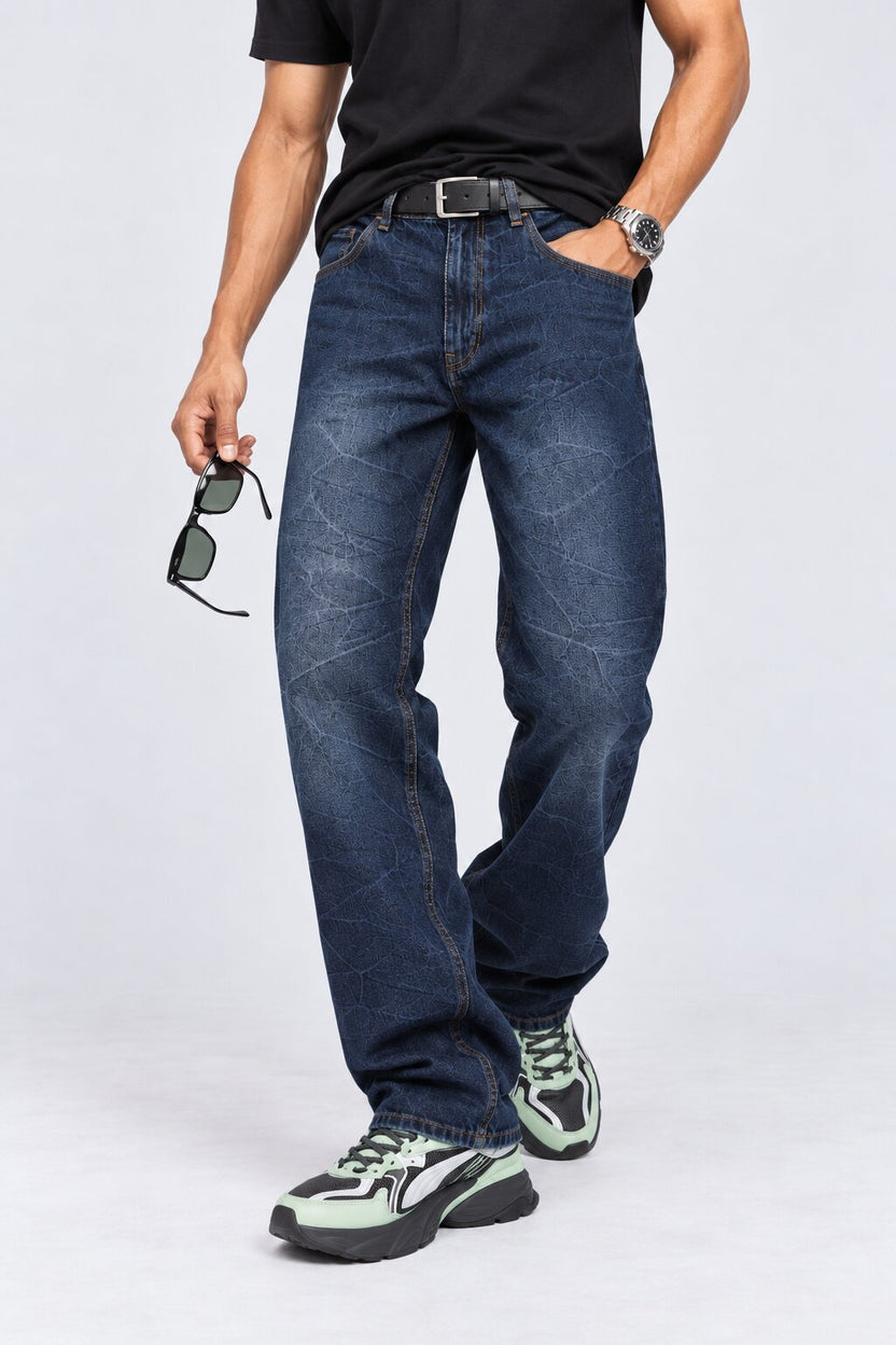 Mens Navy Crinkle-Washed Denim Jeans - Image 1