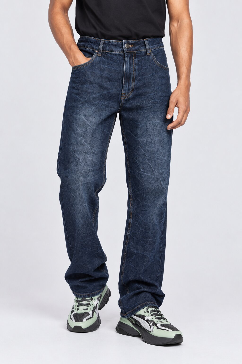 Mens Navy Crinkle-Washed Denim Jeans - Image 2