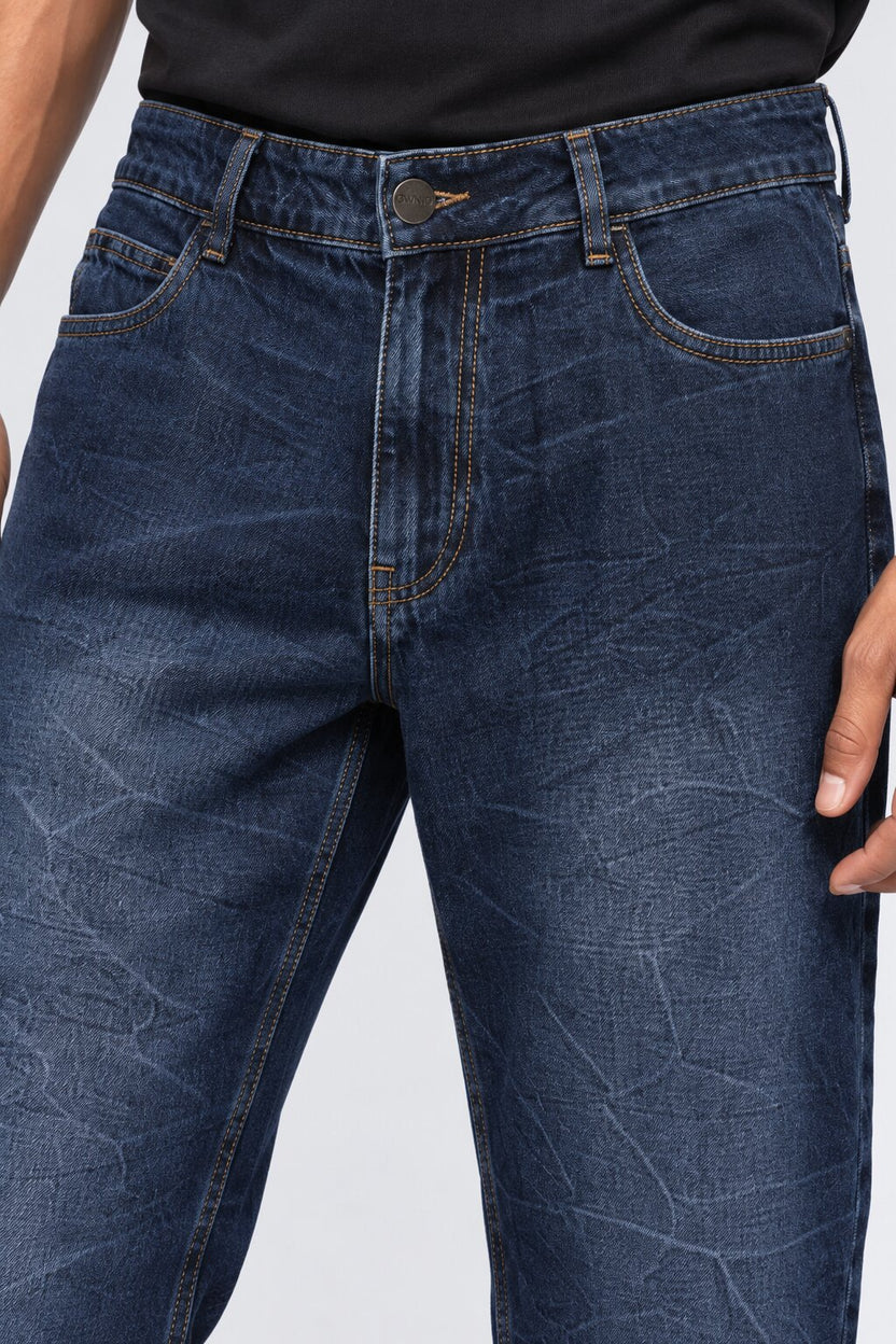 Mens Navy Crinkle-Washed Denim Jeans - Image 3
