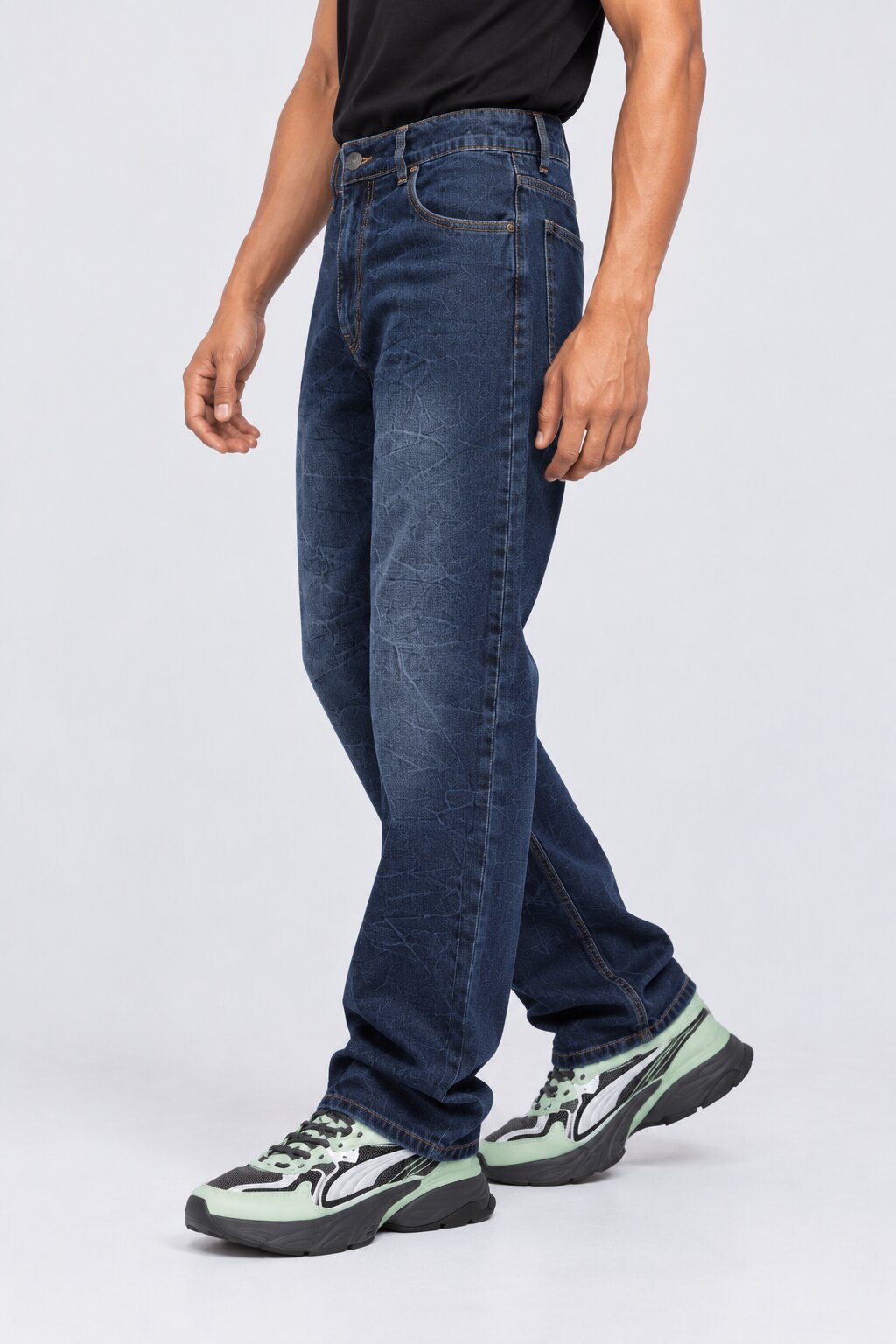 Mens Navy Crinkle-Washed Denim Jeans - Image 4