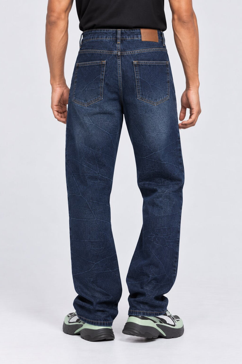 Mens Navy Crinkle-Washed Denim Jeans - Image 5