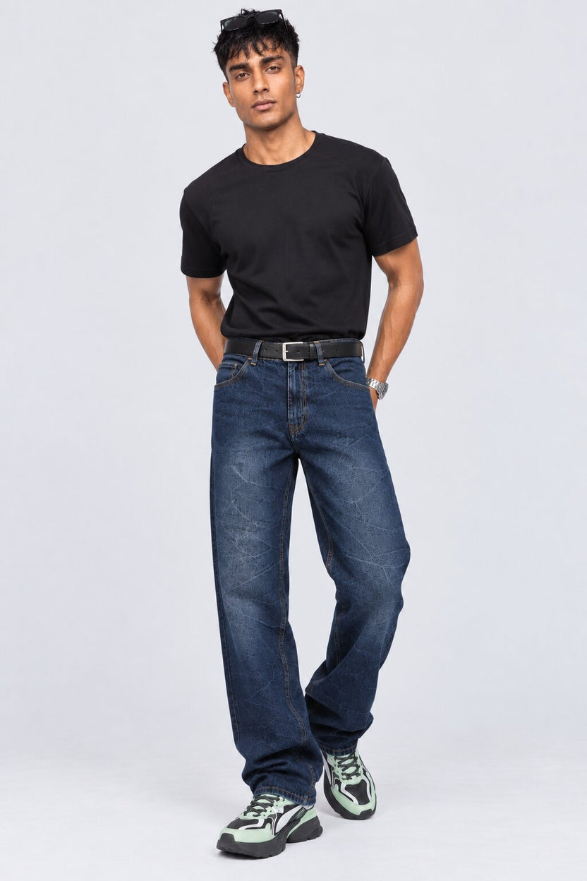 Mens Navy Crinkle-Washed Denim Jeans - Image 6