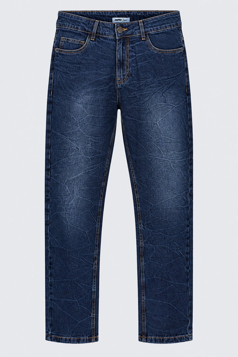 Mens Navy Crinkle-Washed Denim Jeans - Image 7