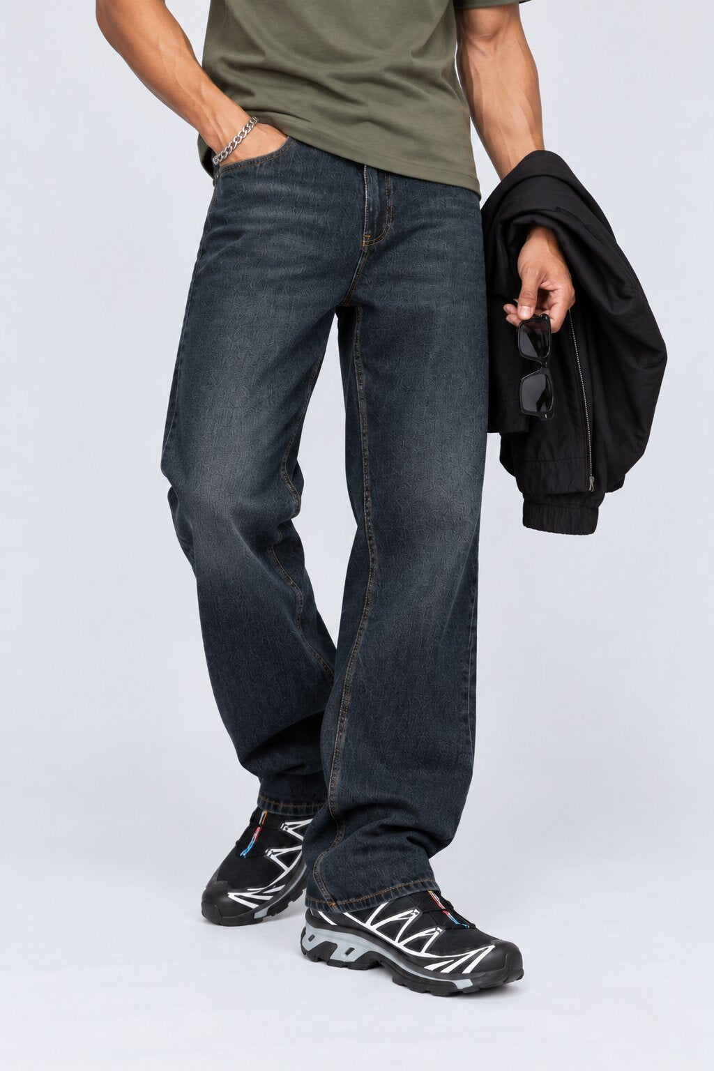 Mens Blue Tonal Print Regular Fit Jeans - Image 1