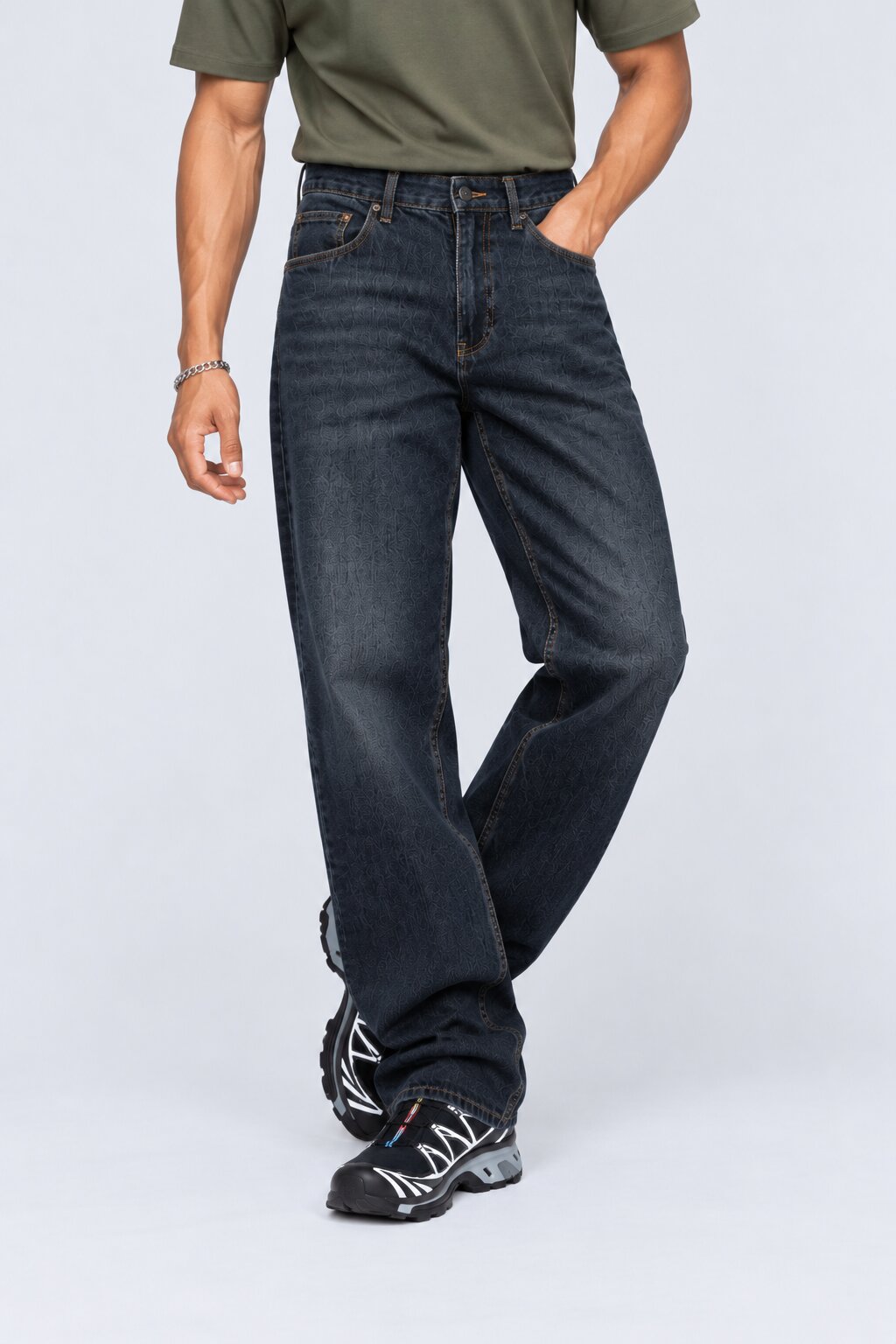 Mens Blue Tonal Print Regular Fit Jeans - Image 2