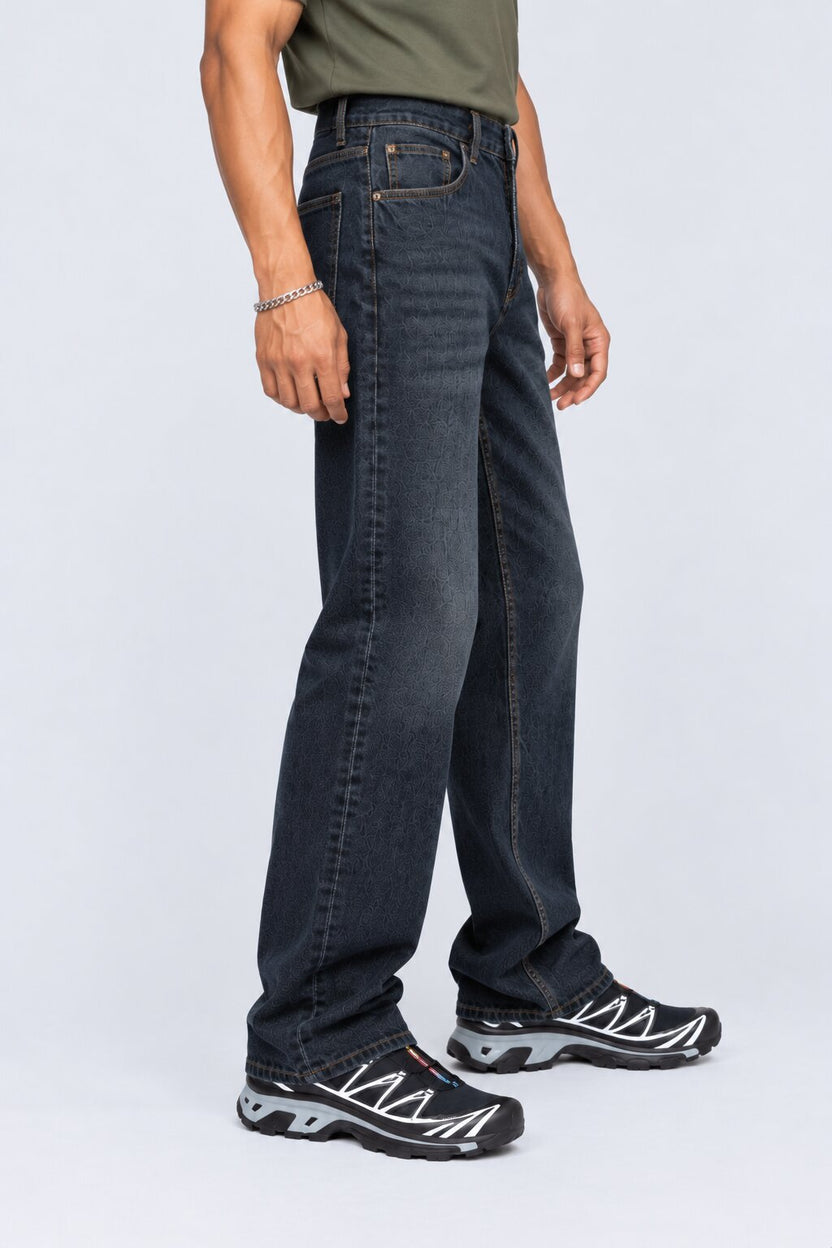 Mens Blue Tonal Print Regular Fit Jeans - Image 4