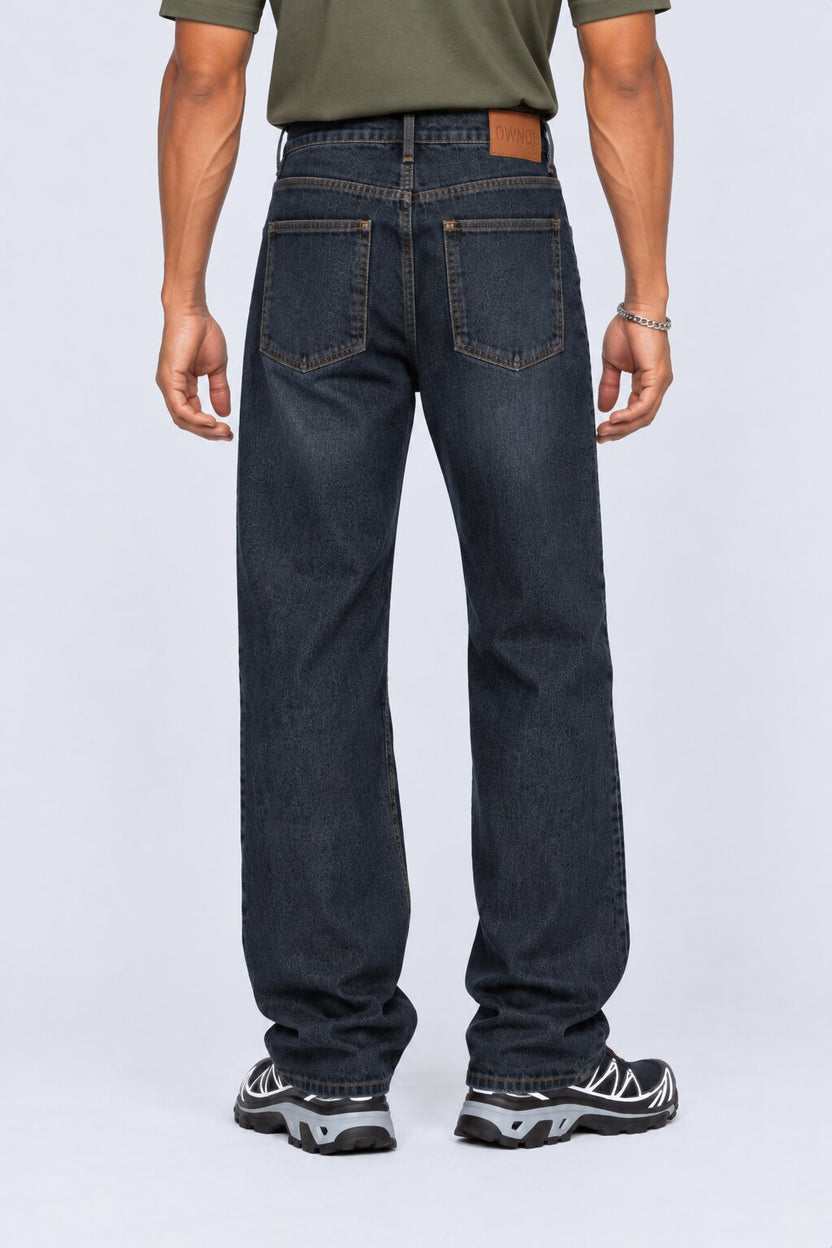 Mens Blue Tonal Print Regular Fit Jeans - Image 5