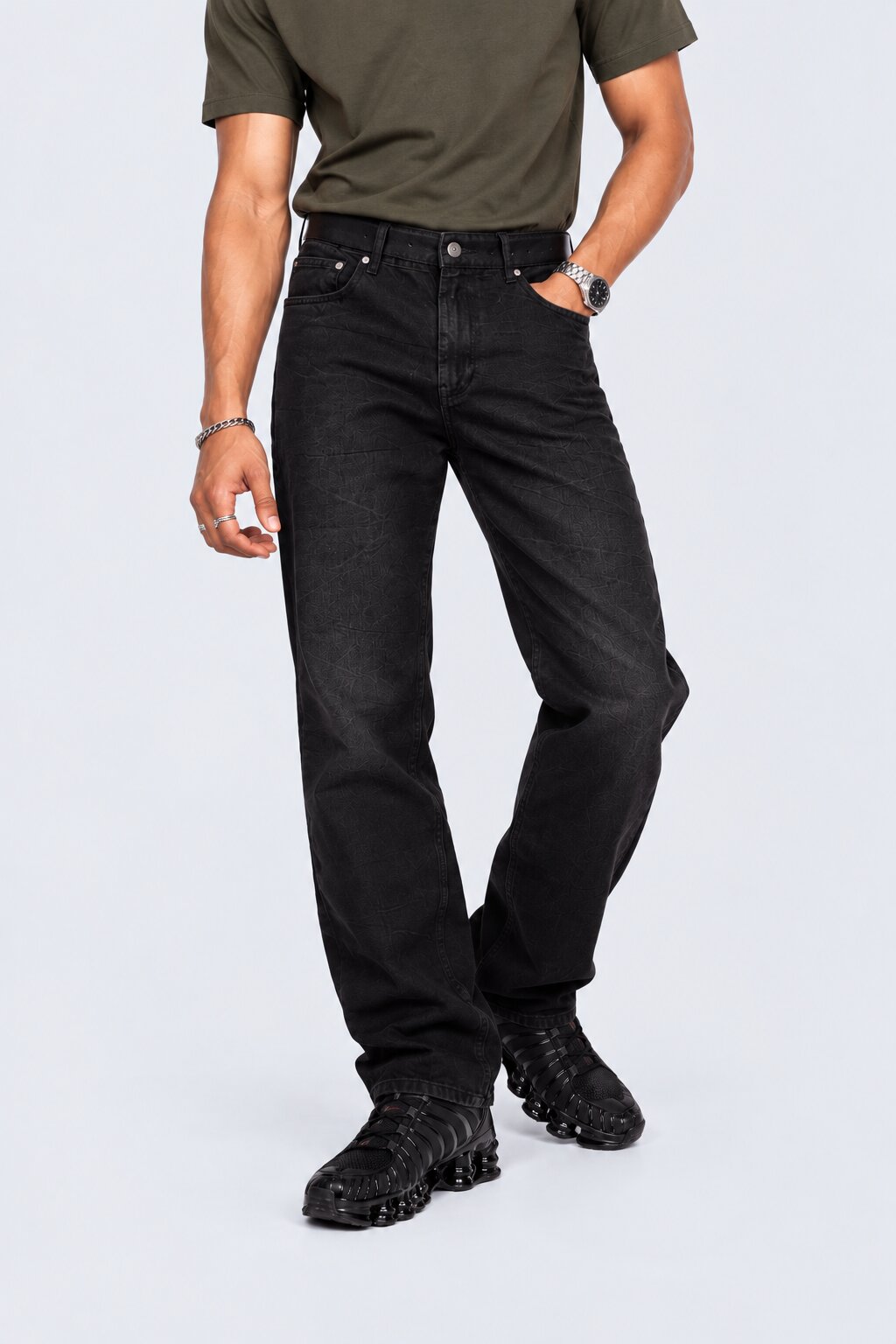 Mens Regular Fit Charcoal Crinkle Wash Jeans - Image 2