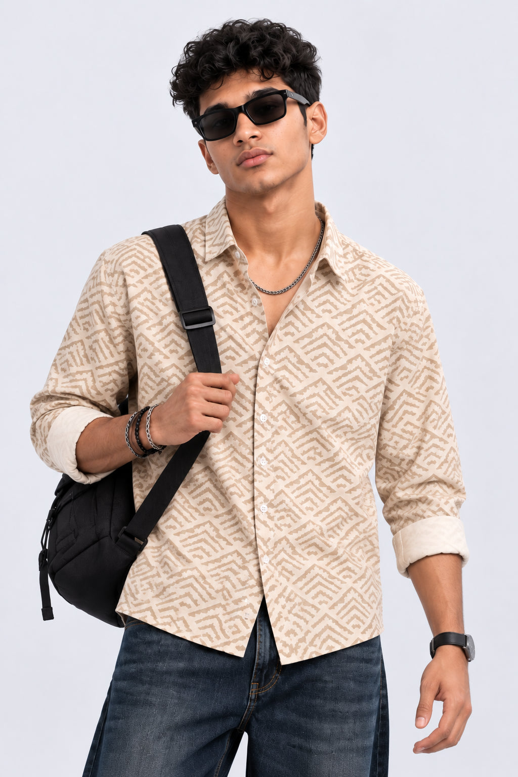 Mens Regular Fit Beige Geometric Print Shirt - Image 1