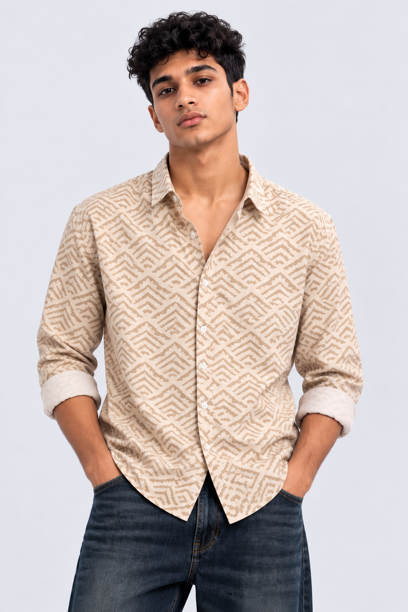 Mens Regular Fit Beige Geometric Print Shirt - Image 2