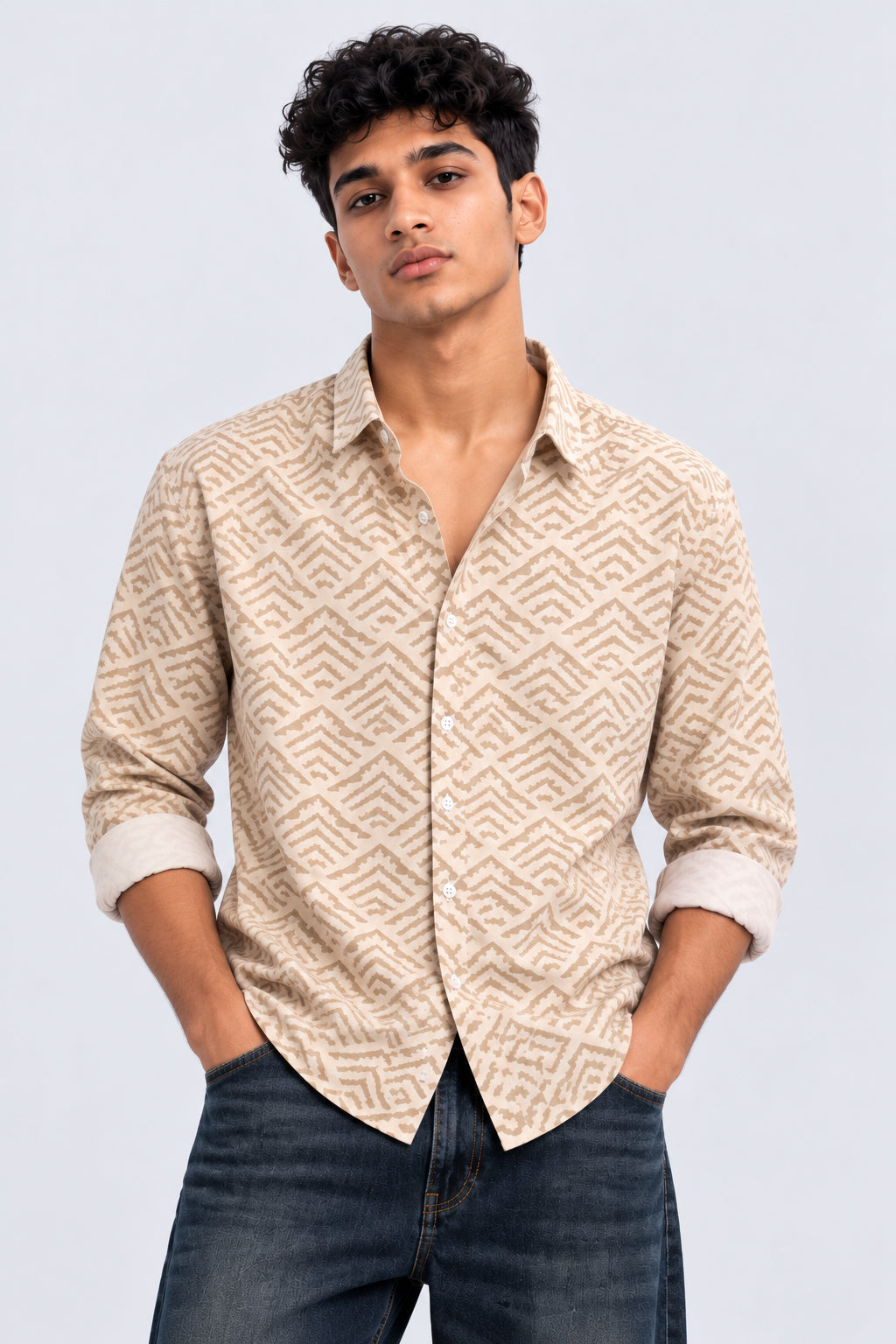 Mens Regular Fit Beige Geometric Print Shirt - Image 2