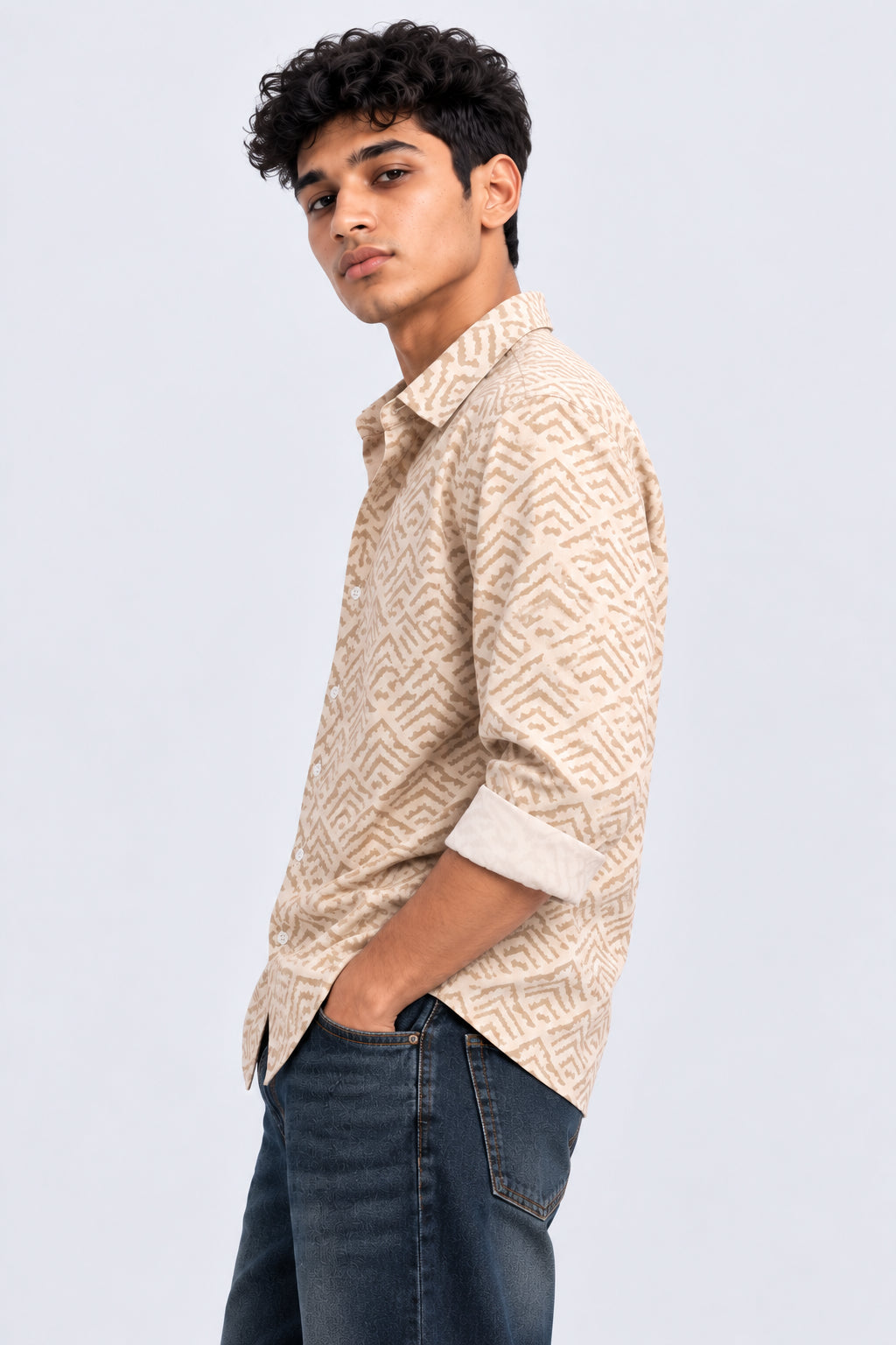 Mens Regular Fit Beige Geometric Print Shirt - Image 4