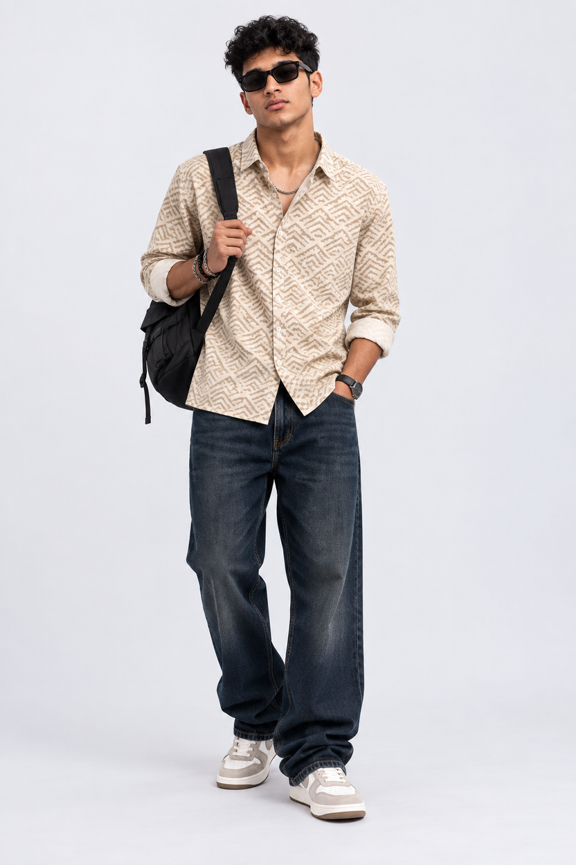 Mens Regular Fit Beige Geometric Print Shirt - Image 6