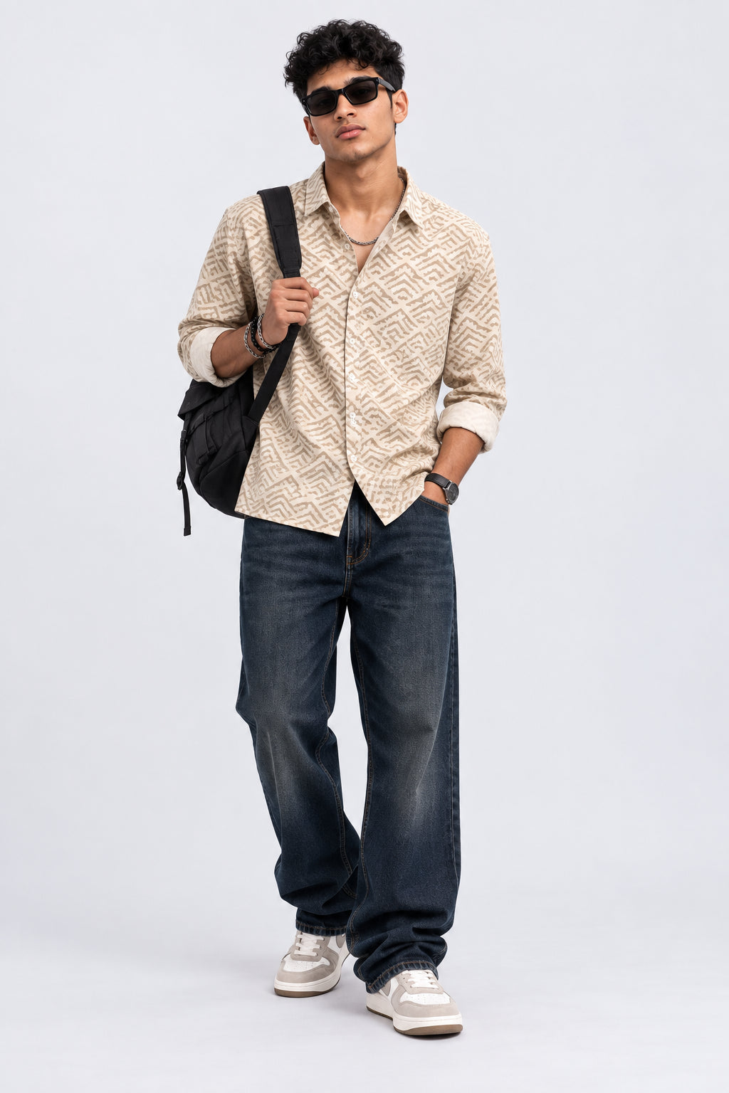 Mens Regular Fit Beige Geometric Print Shirt - Image 6