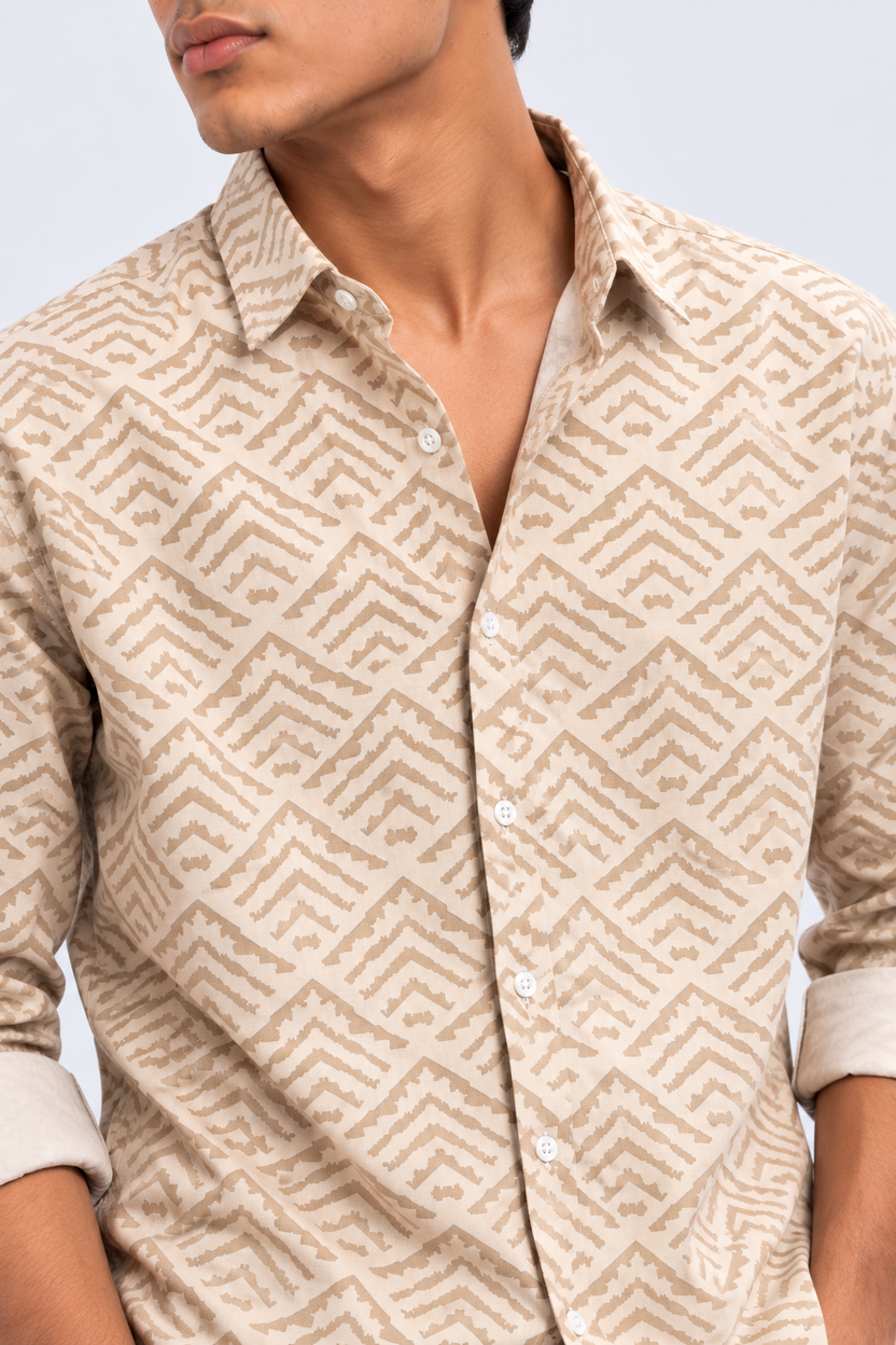Mens Regular Fit Beige Geometric Print Shirt - Image 9