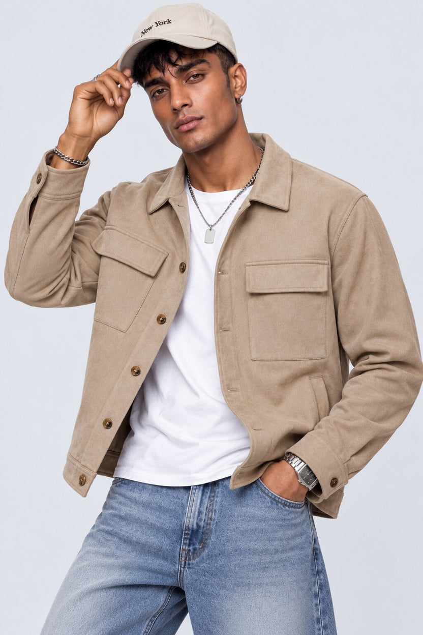 Mens Relaxed Fit Beige Utility Shaket - Image 1