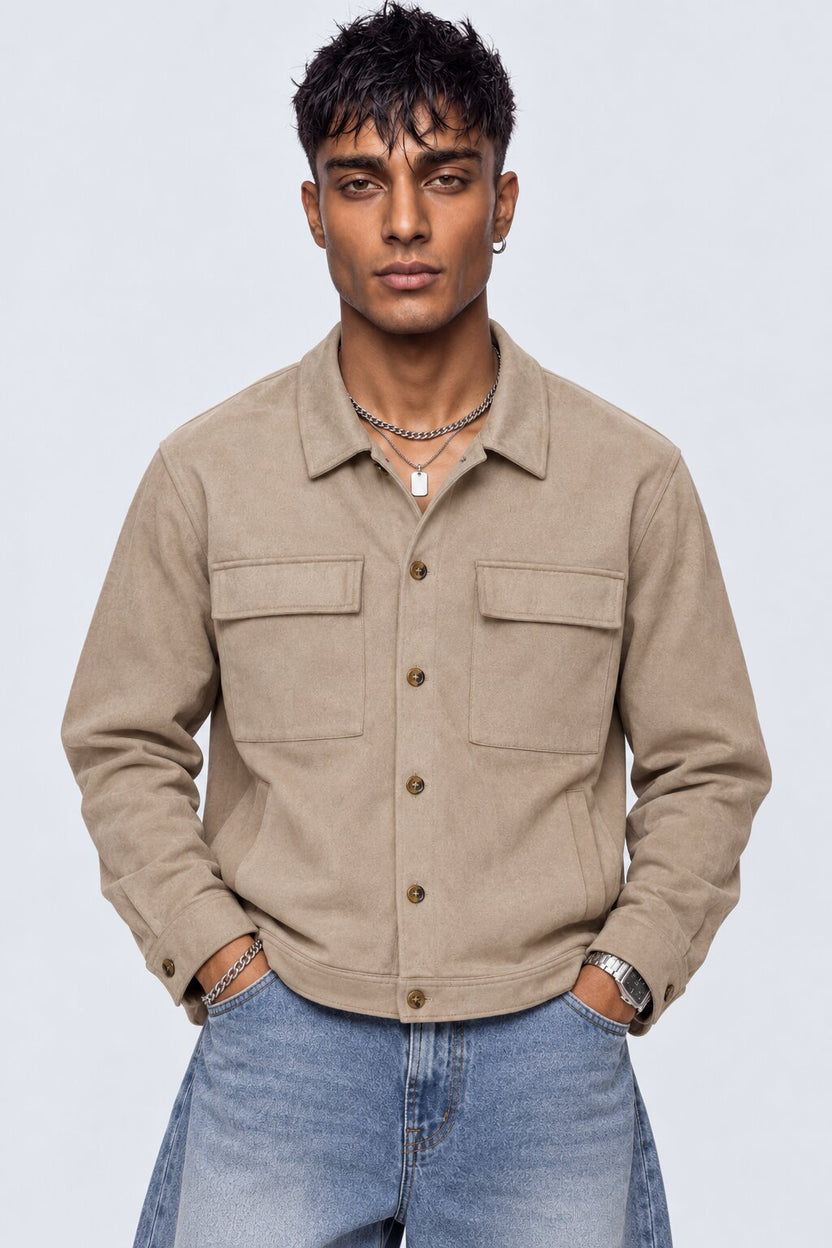 Mens Relaxed Fit Beige Utility Shaket - Image 2