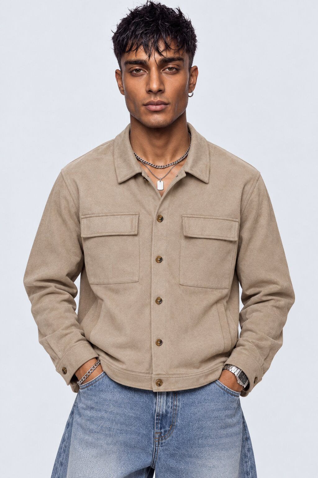 Mens Relaxed Fit Beige Utility Shaket - Image 2