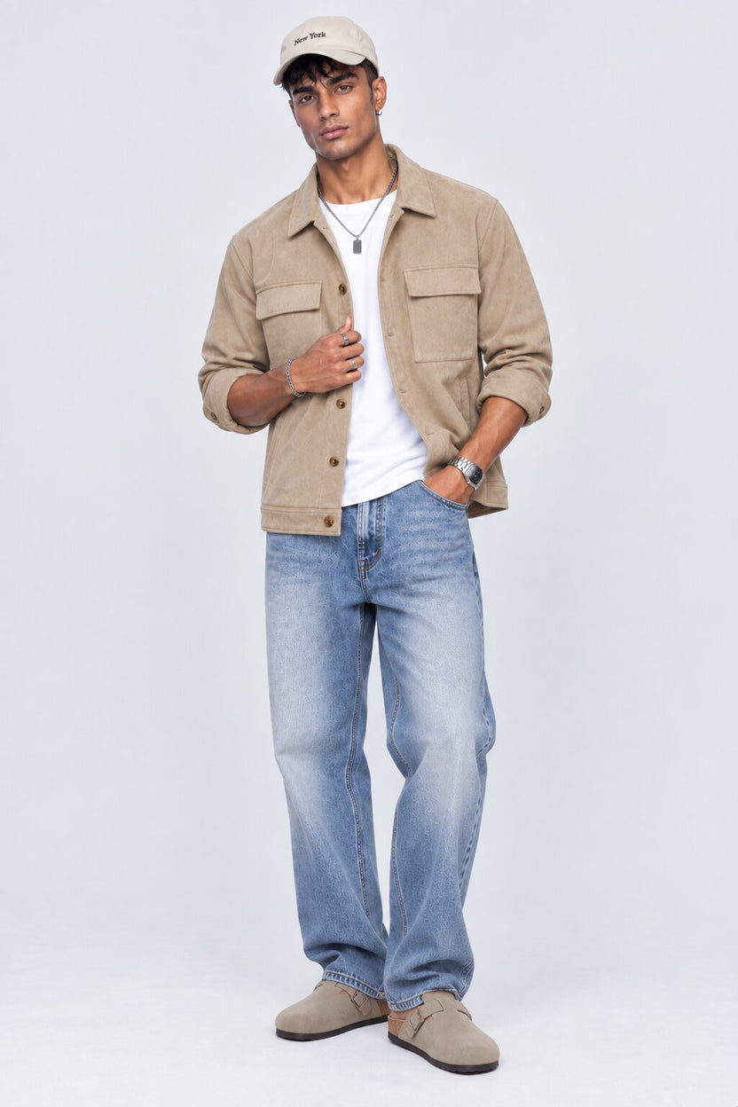 Mens Relaxed Fit Beige Utility Shaket - Image 6