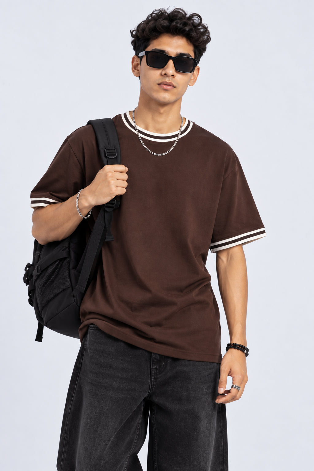Mens Brown Solid Contrast Trim T-Shirt - Image 1