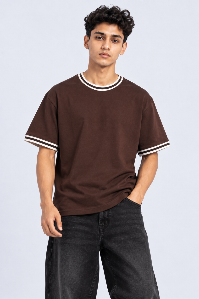 Mens Brown Solid Contrast Trim T-Shirt - Image 2