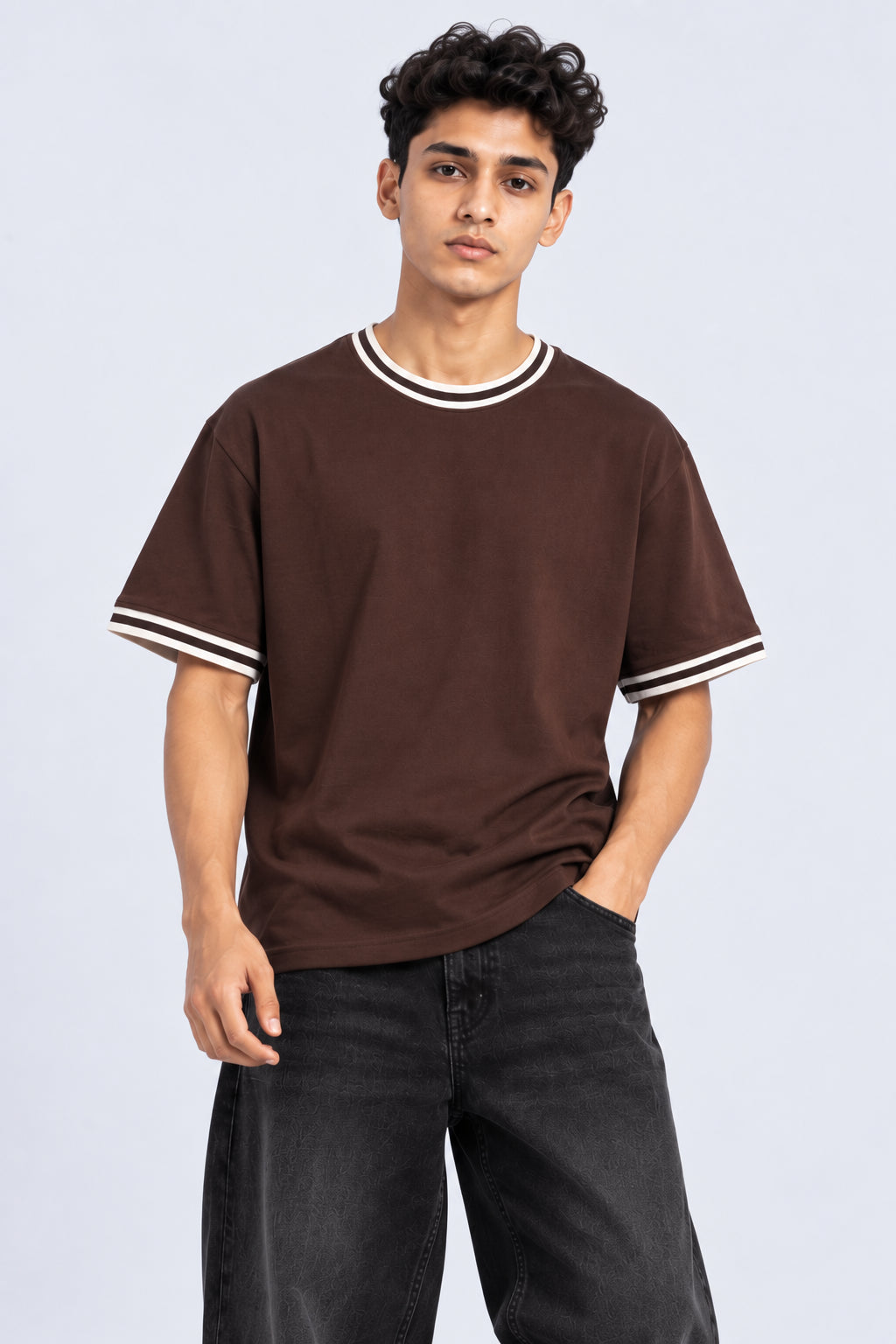 Mens Brown Solid Contrast Trim T-Shirt - Image 2