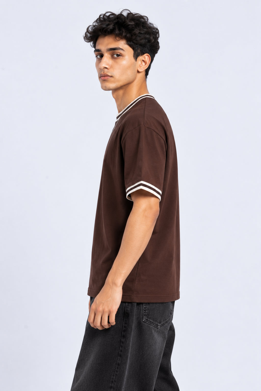 Mens Brown Solid Contrast Trim T-Shirt - Image 4