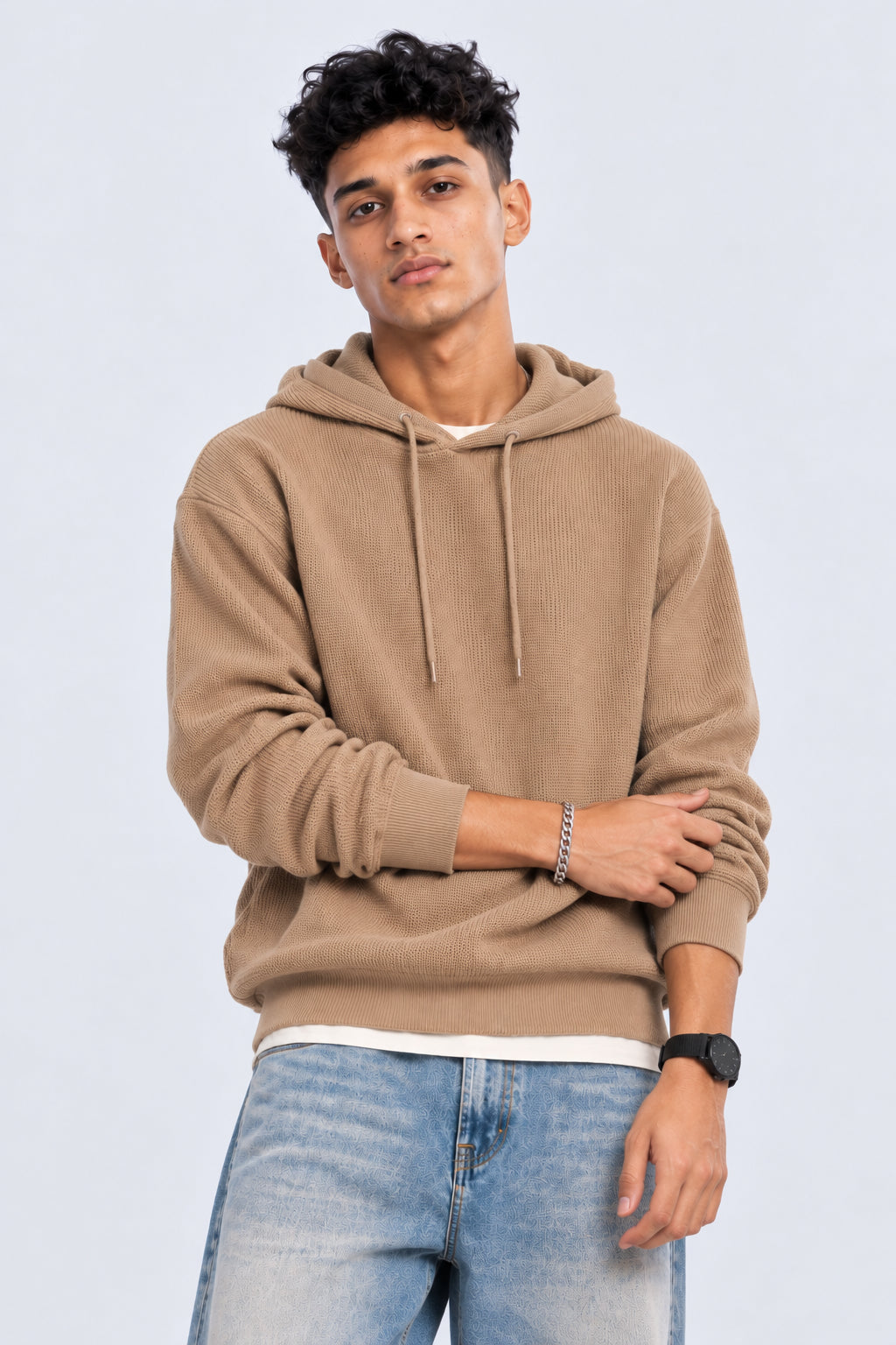 Mens Beige Textured Knit Hooded Sweater - Image 2