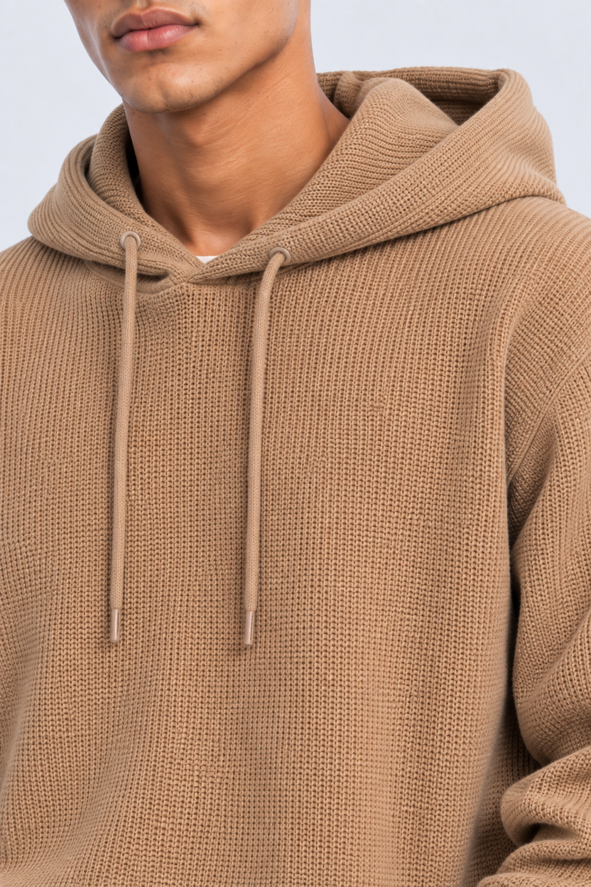 Mens Beige Textured Knit Hooded Sweater - Image 3