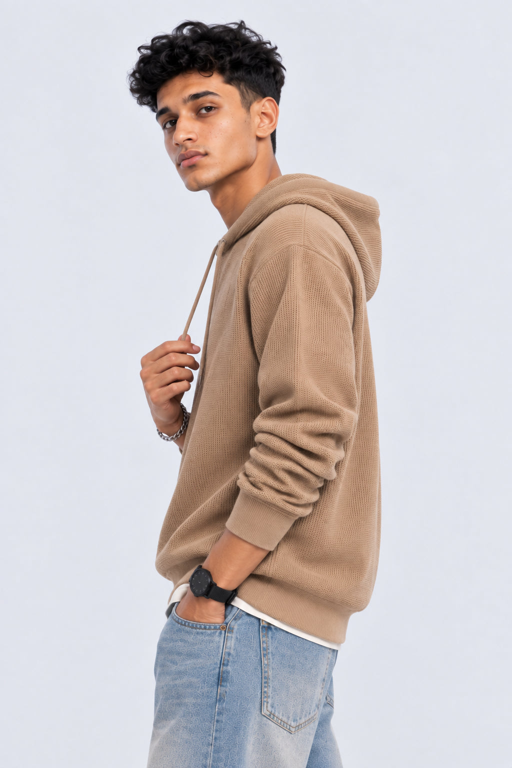 Mens Beige Textured Knit Hooded Sweater - Image 4