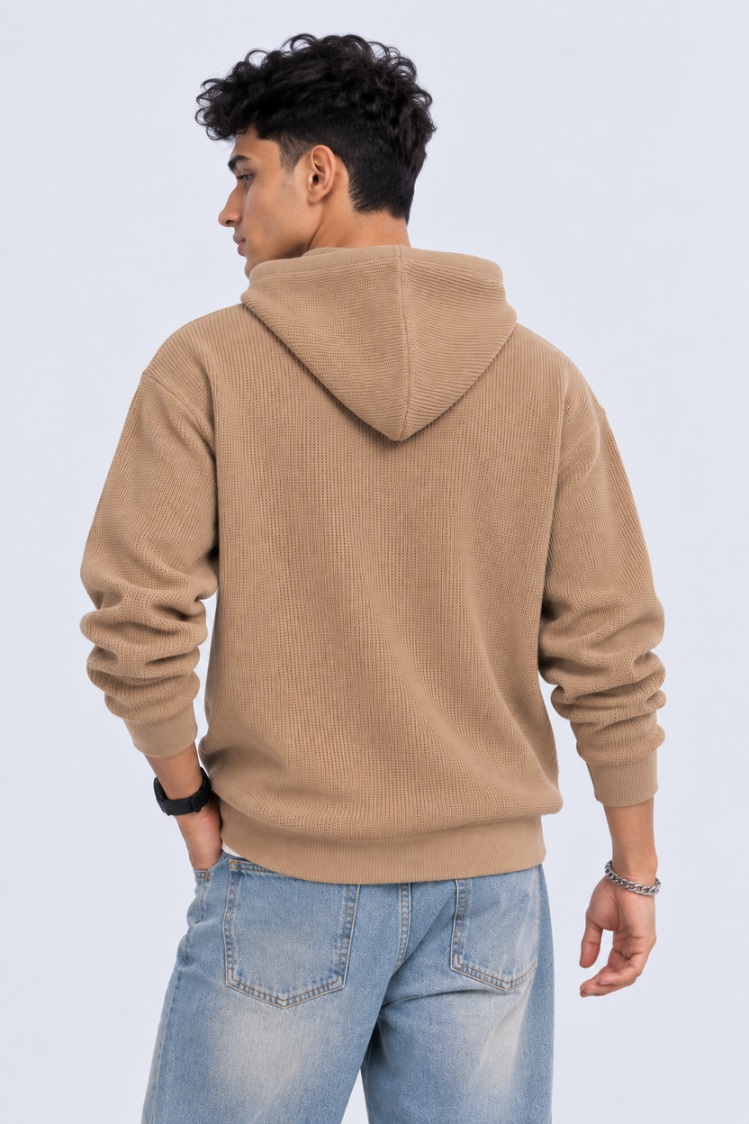 Mens Beige Textured Knit Hooded Sweater - Image 5