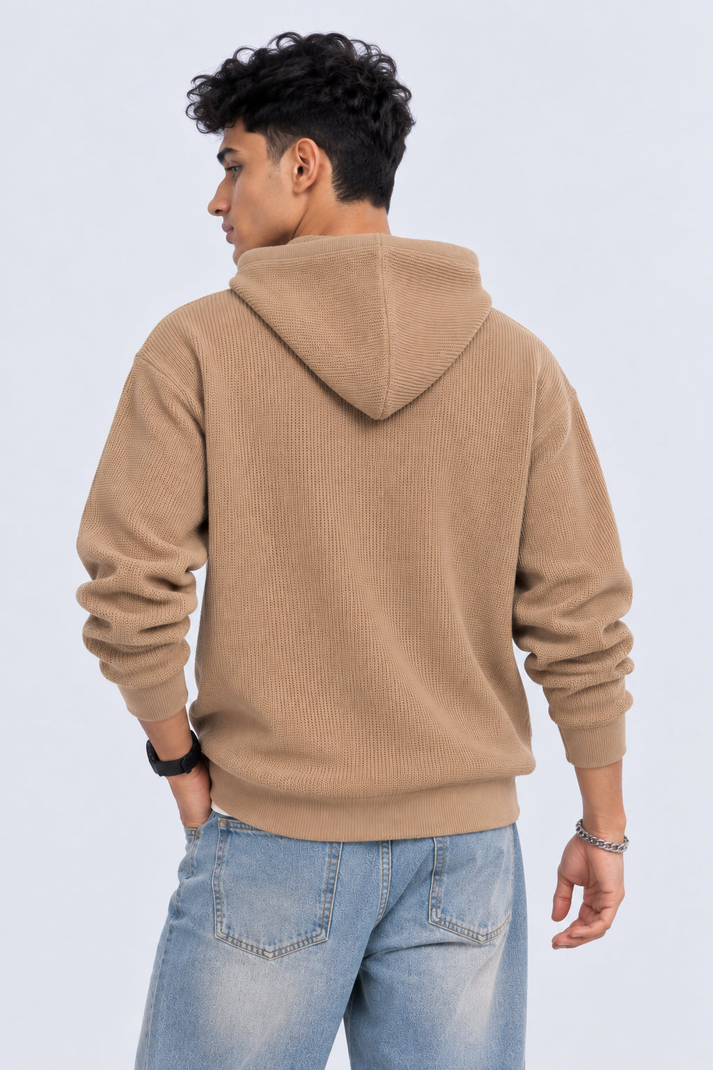 Mens Beige Textured Knit Hooded Sweater - Image 5