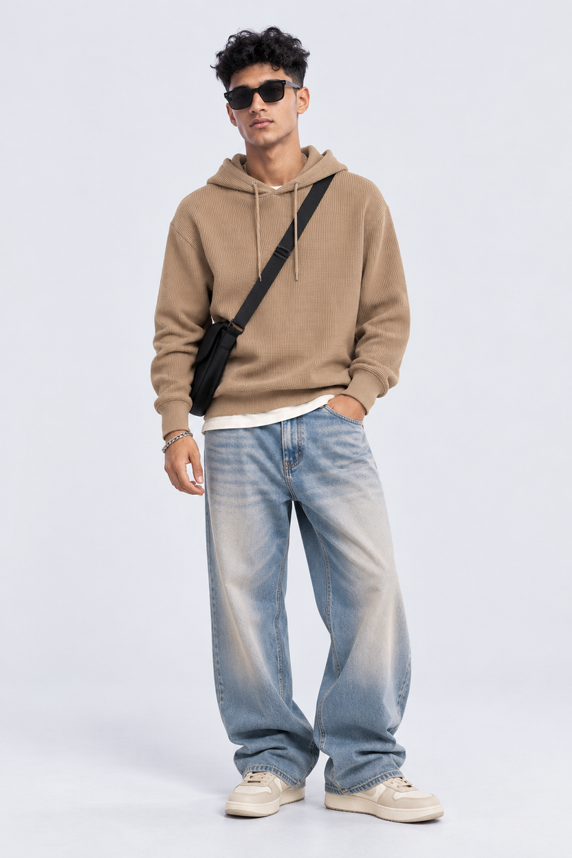 Mens Beige Textured Knit Hooded Sweater - Image 6