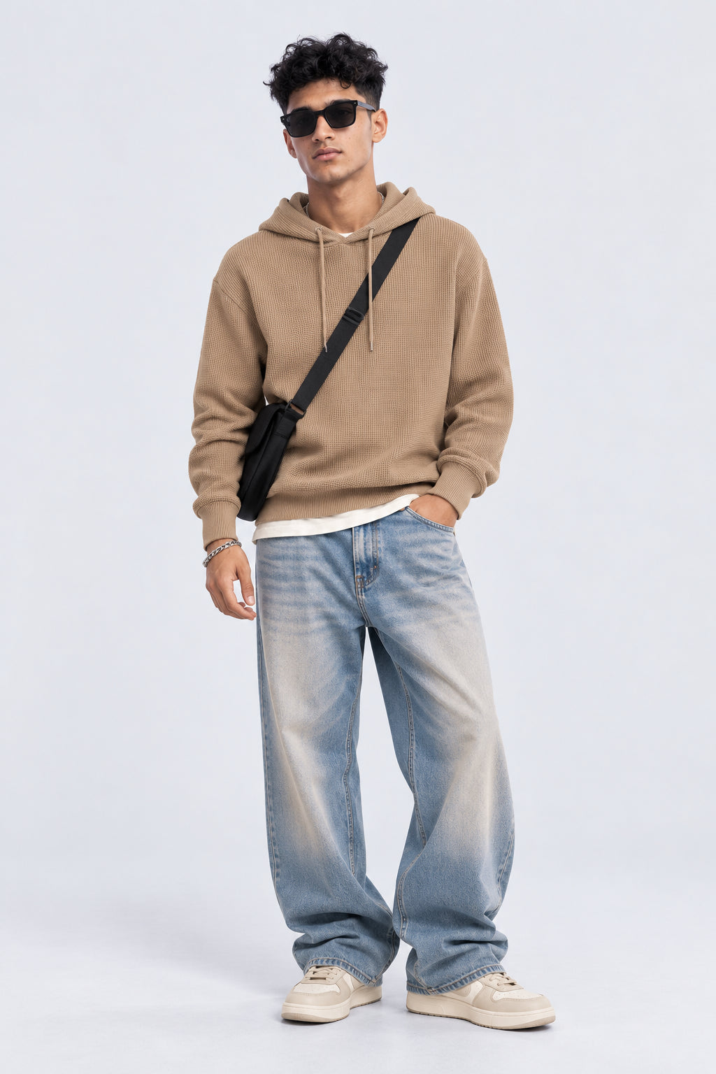 Mens Beige Textured Knit Hooded Sweater - Image 6
