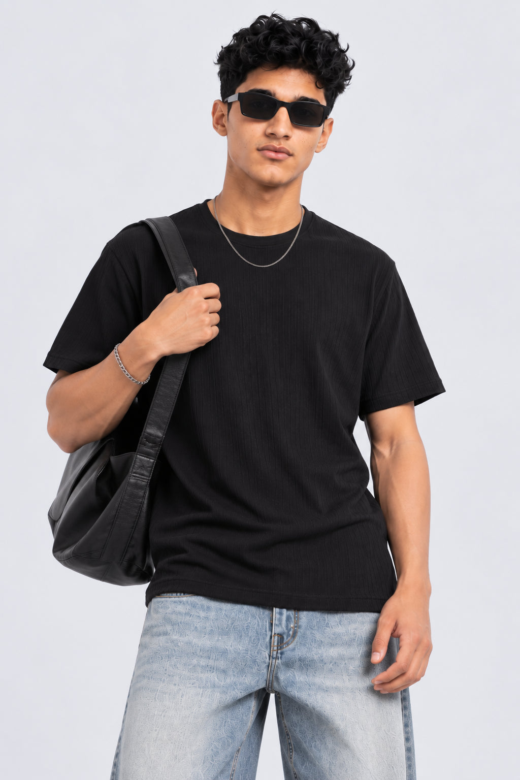 Mens Black Textured Ribbed Crew Neck T-Shirt - Image 1