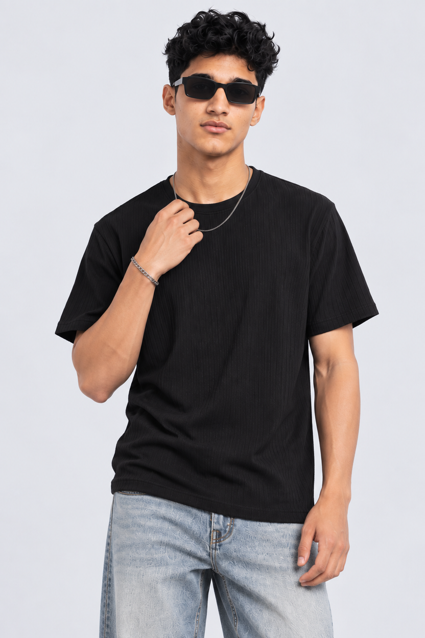 Mens Black Textured Ribbed Crew Neck T-Shirt - Image 2