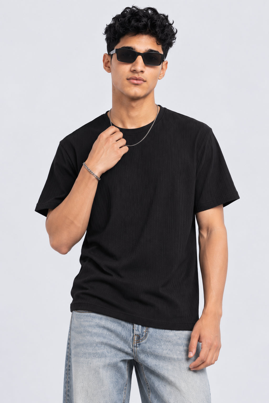 Mens Black Textured Ribbed Crew Neck T-Shirt - Image 2