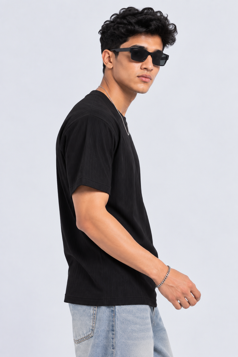 Mens Black Textured Ribbed Crew Neck T-Shirt - Image 4