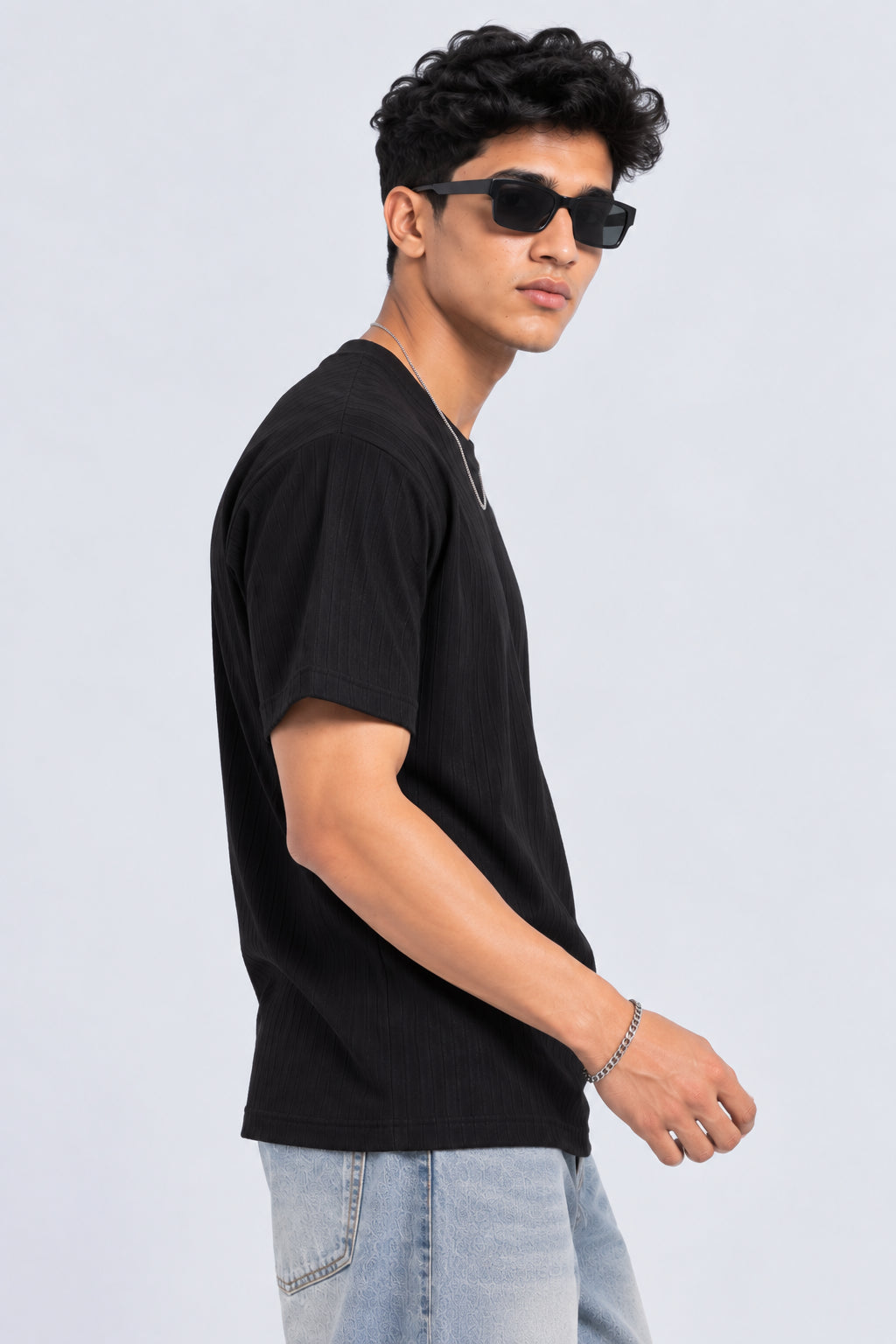 Mens Black Textured Ribbed Crew Neck T-Shirt - Image 4
