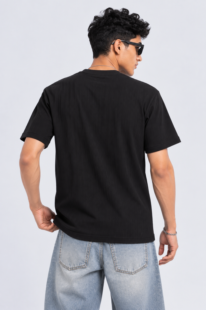 Mens Black Textured Ribbed Crew Neck T-Shirt - Image 5