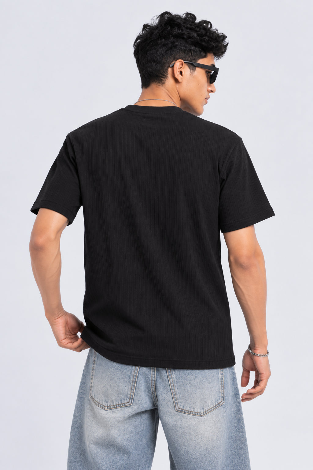 Mens Black Textured Ribbed Crew Neck T-Shirt - Image 5