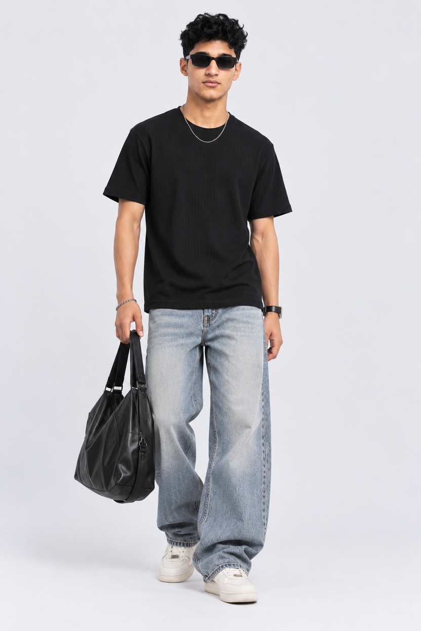 Mens Black Textured Ribbed Crew Neck T-Shirt - Image 6