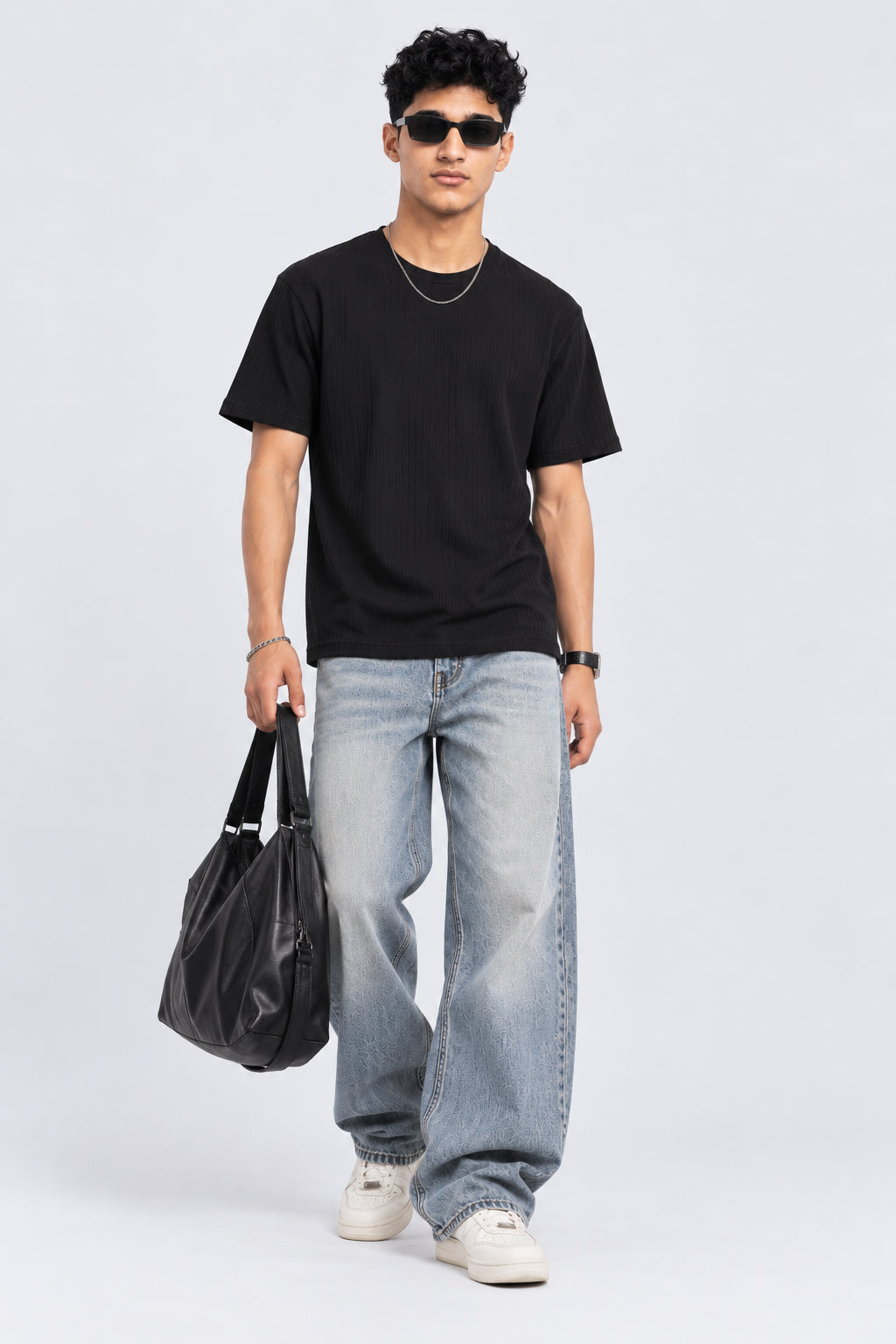 Mens Black Textured Ribbed Crew Neck T-Shirt - Image 6