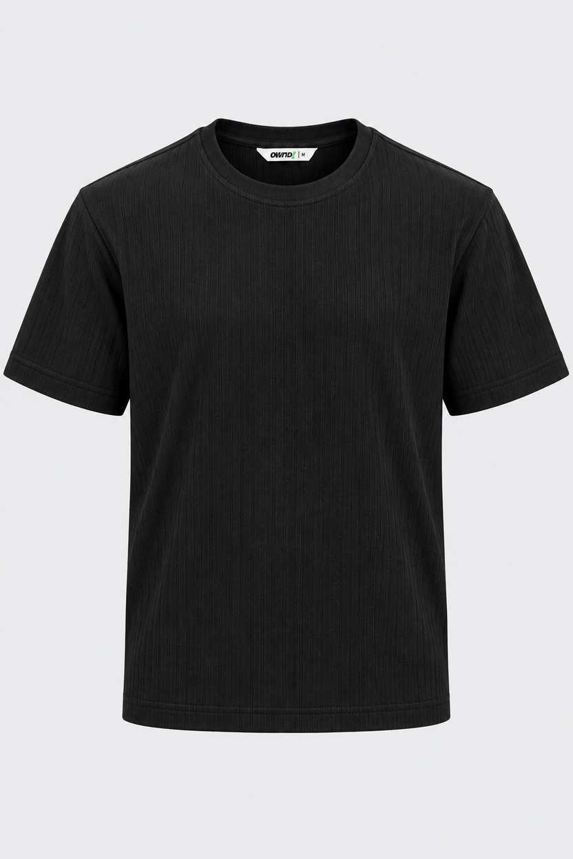 Mens Black Textured Ribbed Crew Neck T-Shirt - Image 7