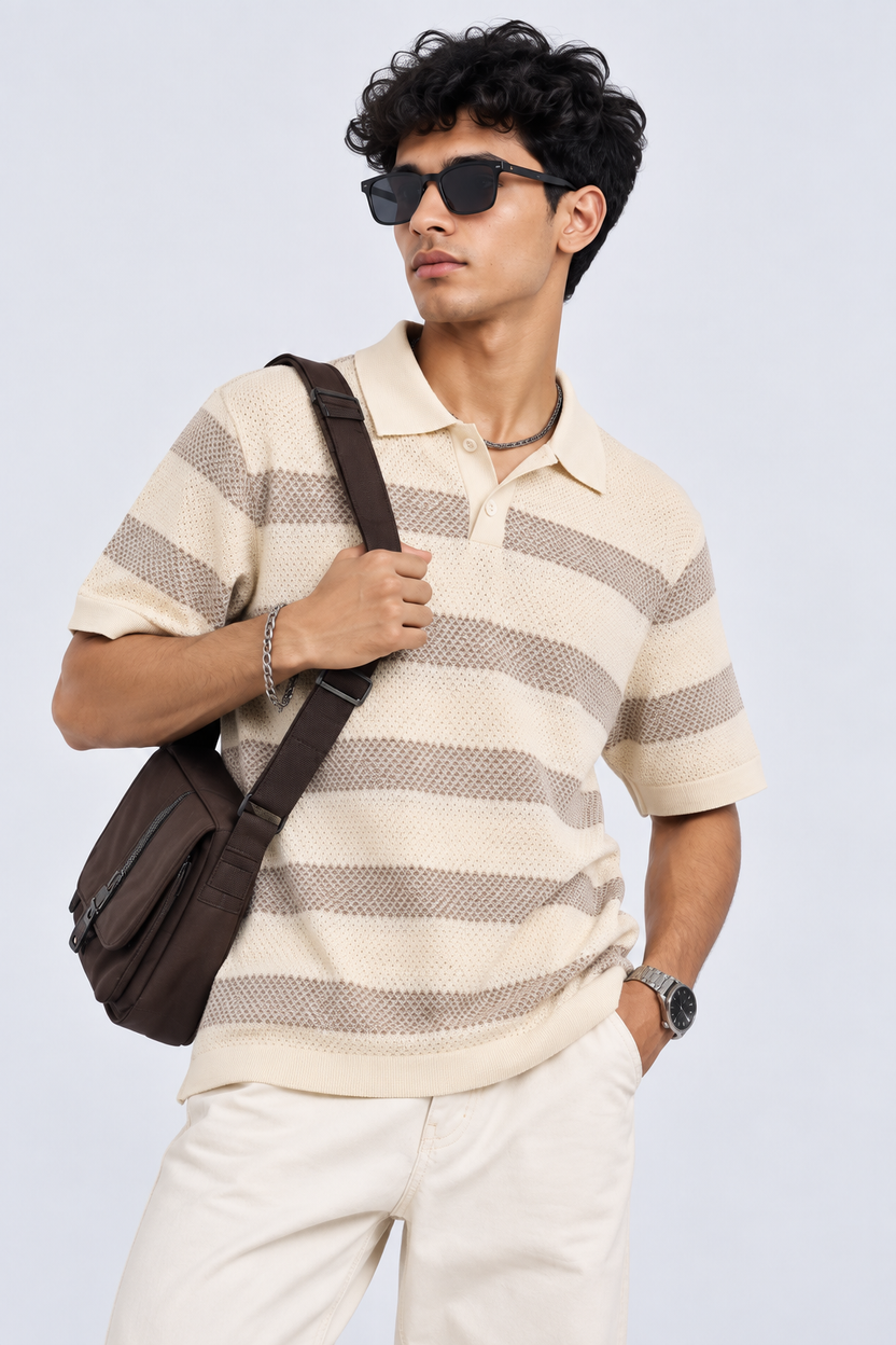 Mens Beige Striped Textured Knit Polo T-Shirt - Image 1