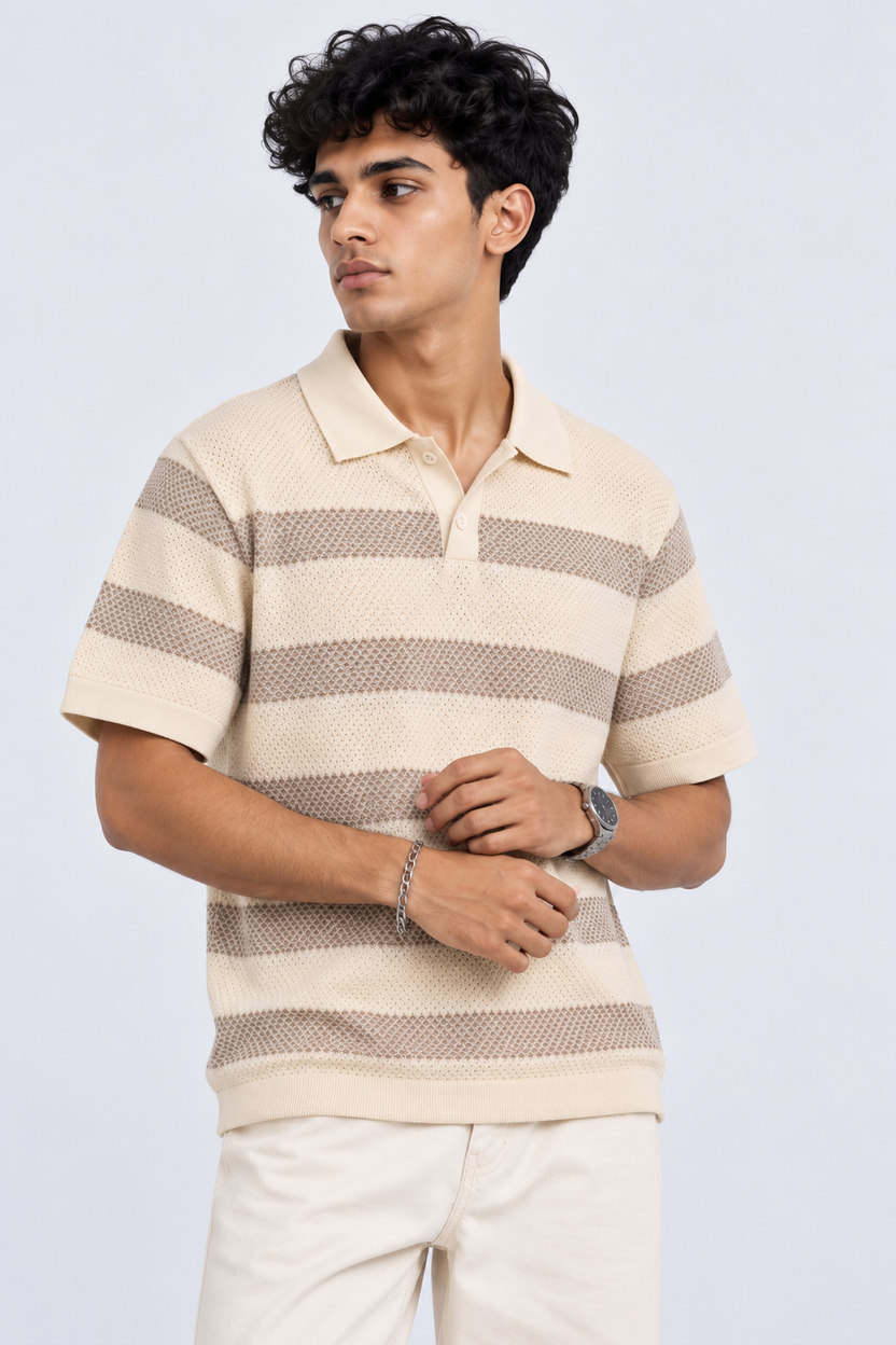 Mens Beige Striped Textured Knit Polo T-Shirt - Image 2