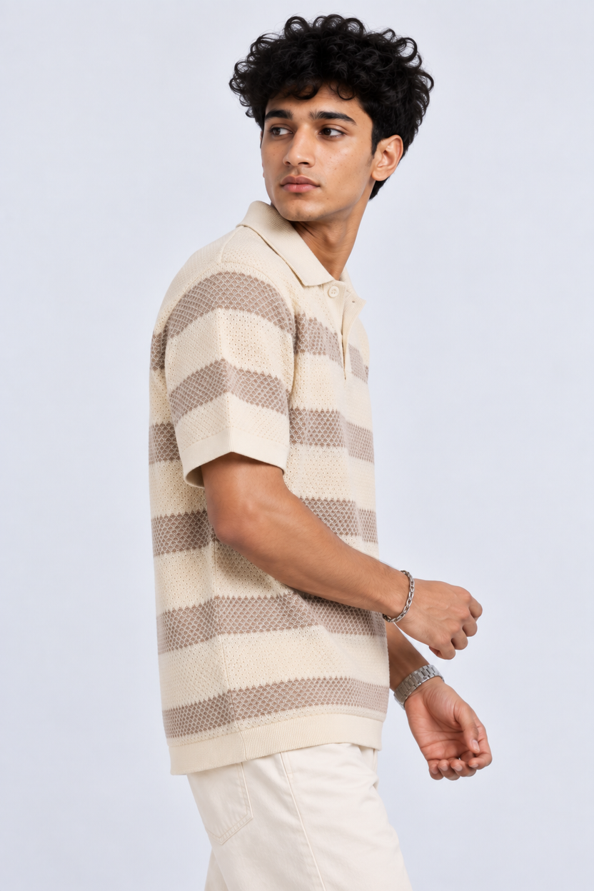 Mens Beige Striped Textured Knit Polo T-Shirt - Image 4