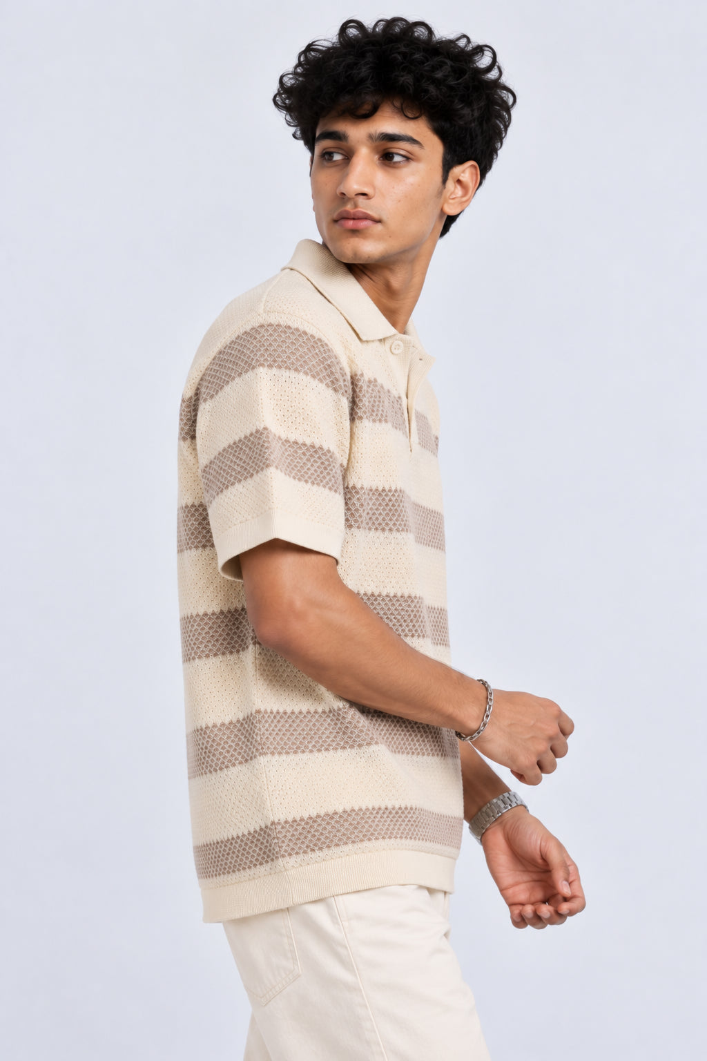Mens Beige Striped Textured Knit Polo T-Shirt - Image 4